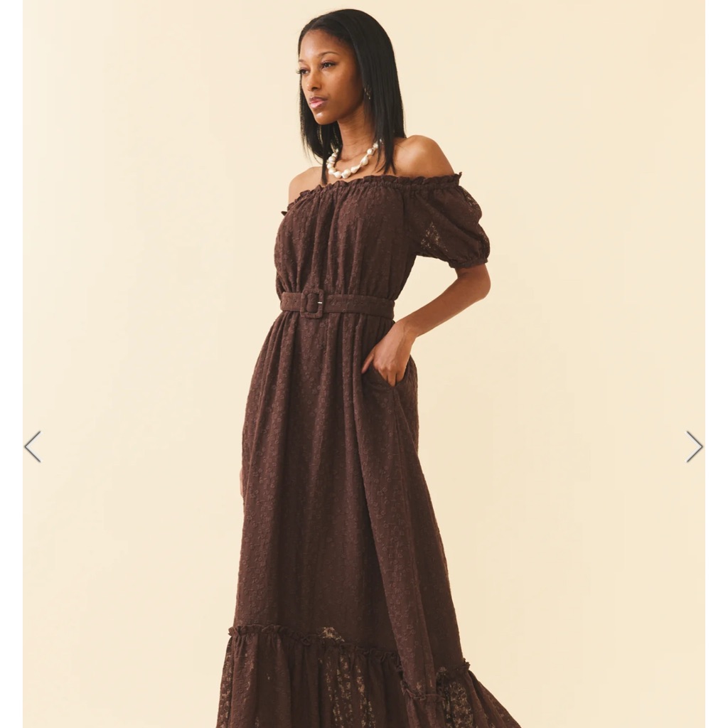 Chic Off-Shoulder Brown Lace Maxi Dress